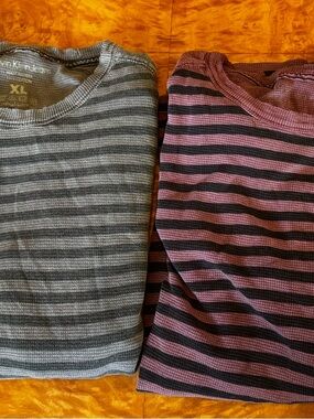Calvin Klein Jeans Distress Green and Mauve Striped Crewneck Long Sleeve Shirts